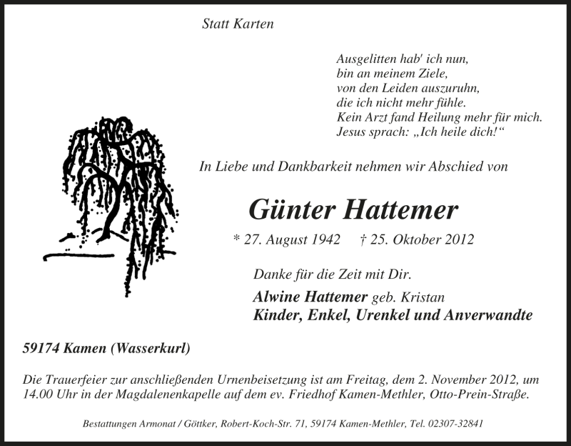  Traueranzeige für Günter  Hattemer vom 27.10.2012 aus Tageszeitung